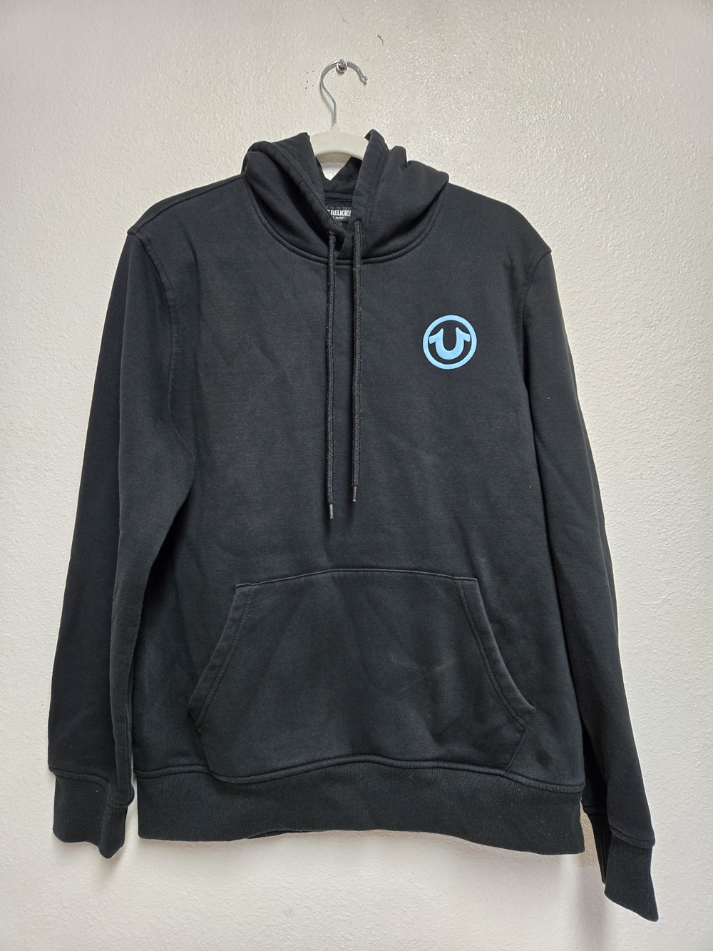 True Religion Hoodie Mens Jet Black Blue Puff Print Size Large